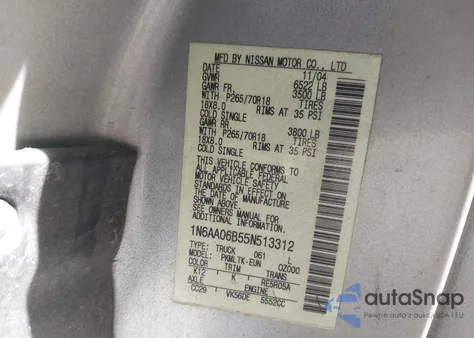 2005 Nissan Titan Se из США, поврежденный, VIN 1N6AA06B55N513312